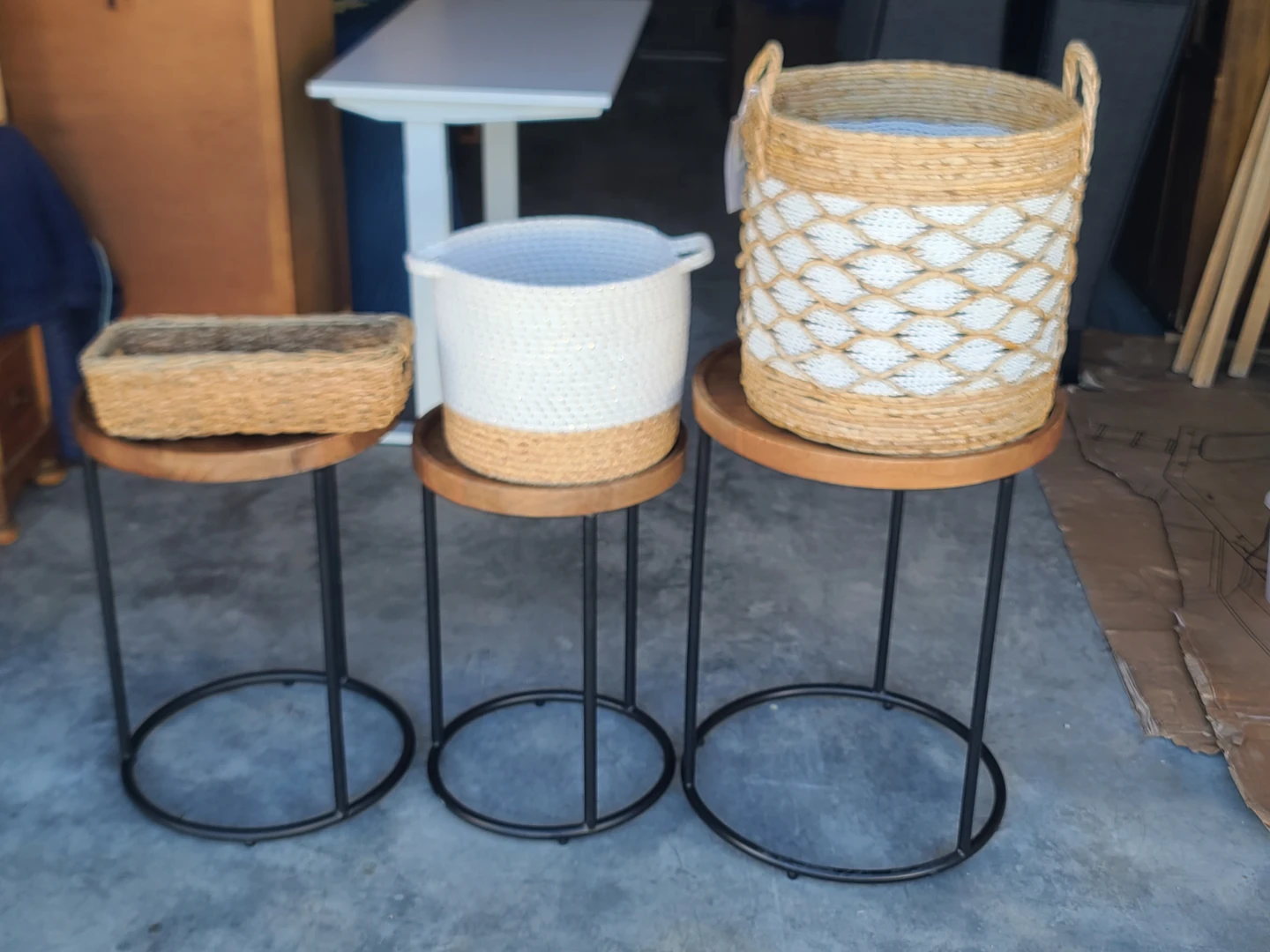 Structube Set of 3 Wood & Black Metal Nesting Side Tables