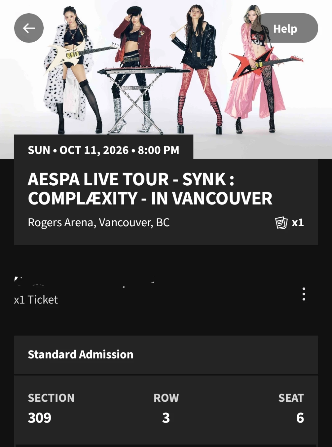 1 Aespa Live Tour Ticket - Vancouver Oct 11 2026