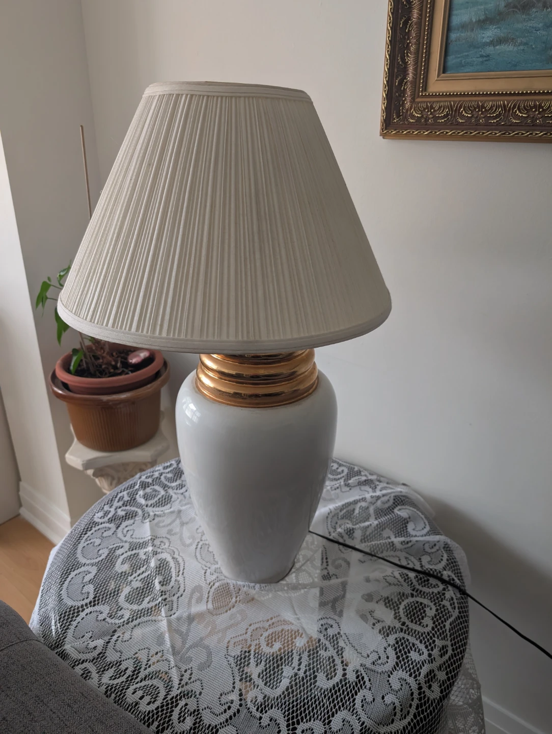 White Ceramic Table Lamp with Pleated Shade