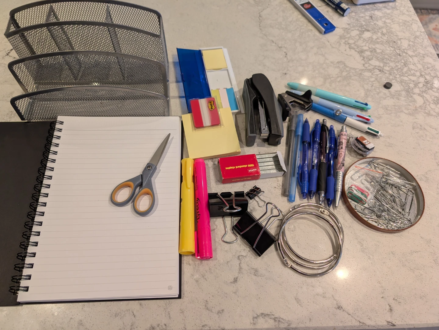 Assorted Desk Stationery and Metal Organizer