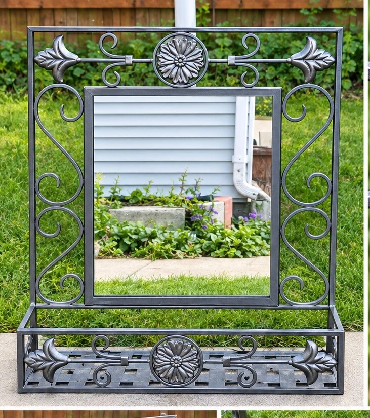 Wrought Iron Decorative Mirror with Storage Shelf
