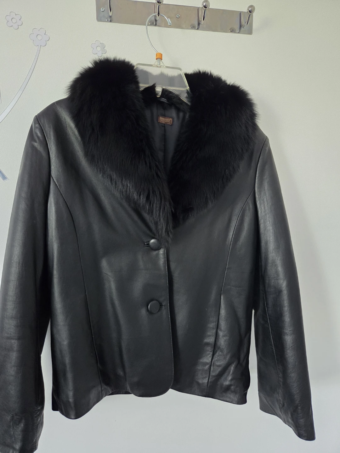 Bernini Black Leather Jacket with Fur Collar