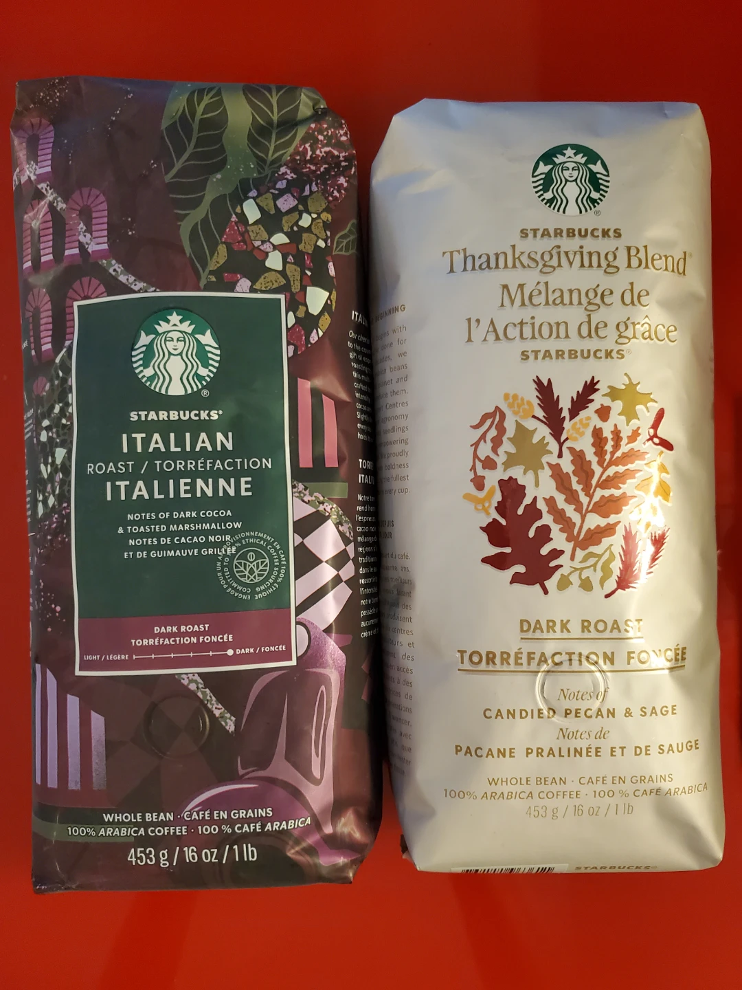 Starbucks whole bean coffee Italian Roast & Thanksgiving Blend