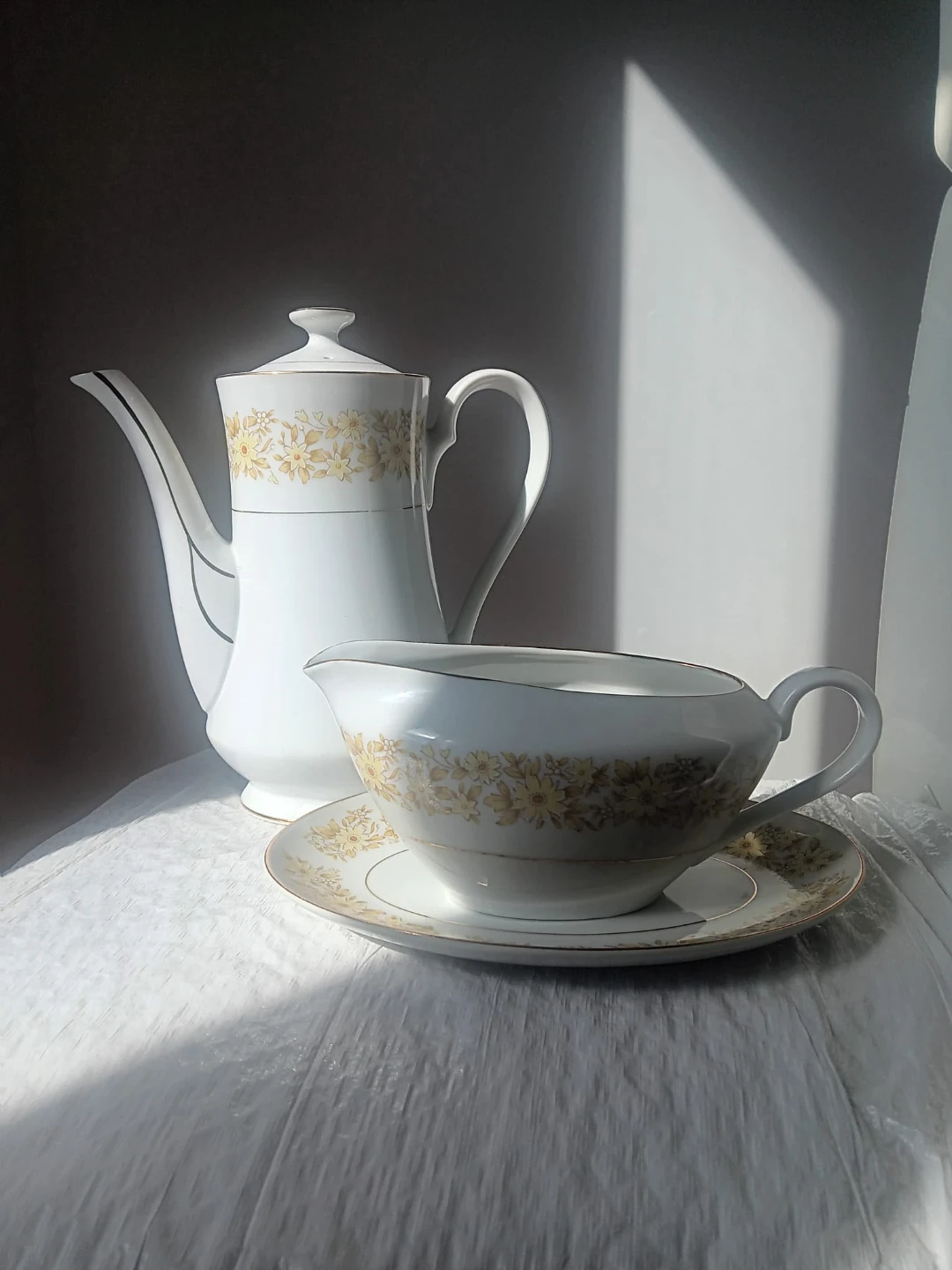 Vintage Floral Porcelain Coffee Pot and Gravy Boat Set
