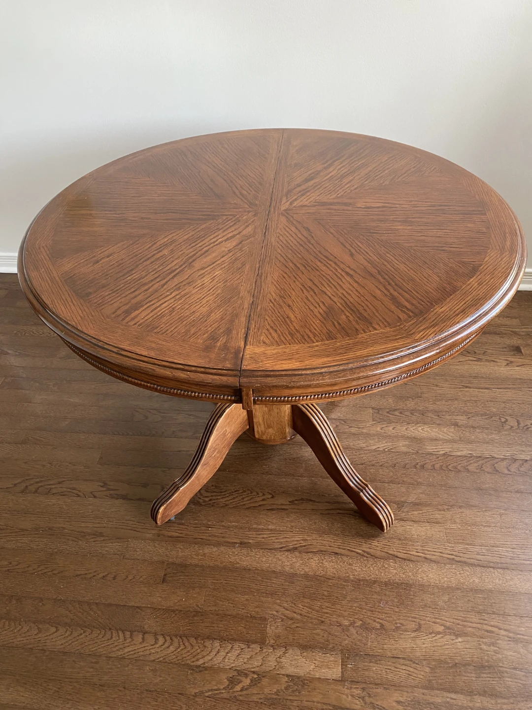 Oak Pedestal Dining Table with leaf, size in photos