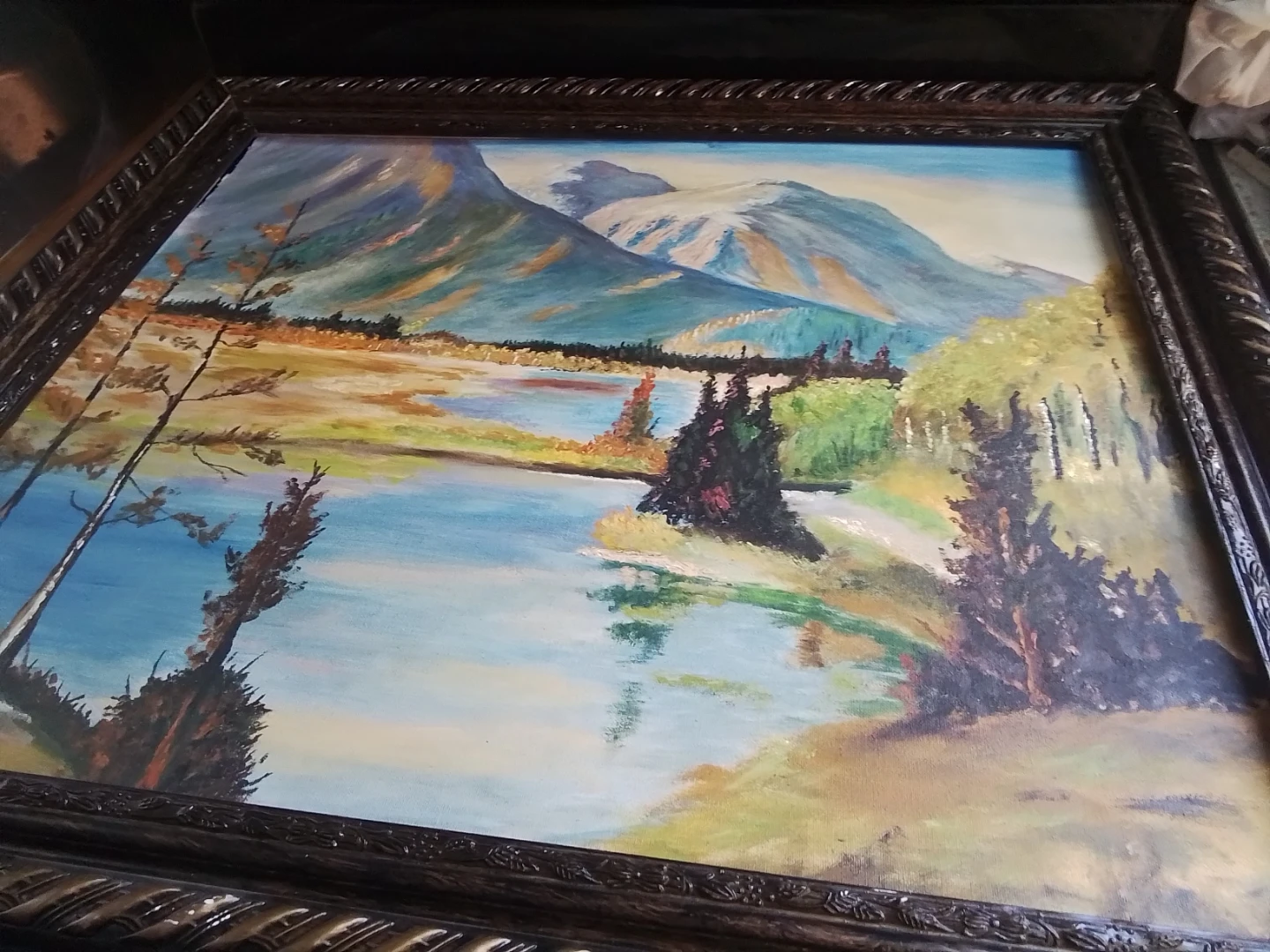 Original 1960s Impressionist Rocky Mountain & Lake Oil Painting - photo 5