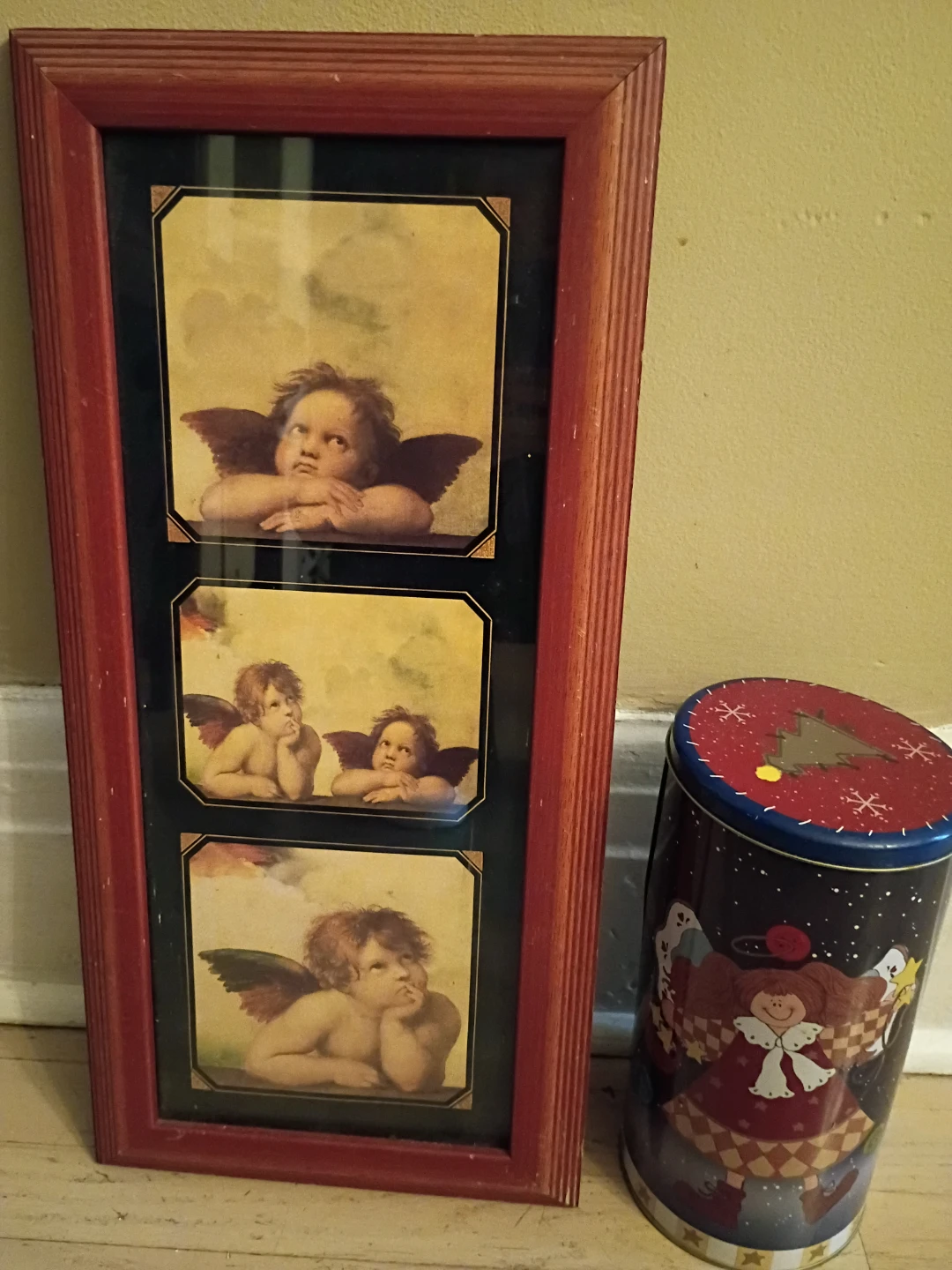 Framed Cherub Print and Decorative Christmas Tin