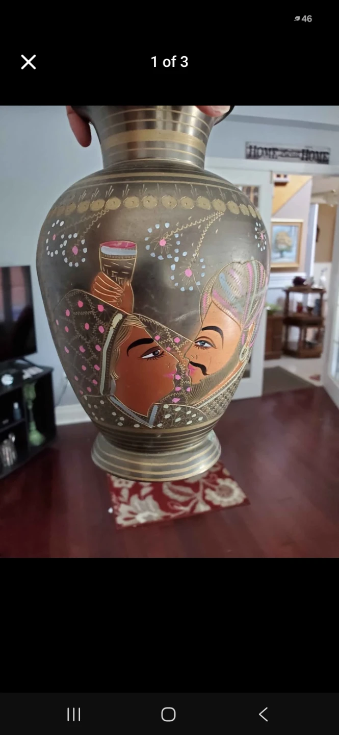 Vintage Hand-Painted Brass Vase
