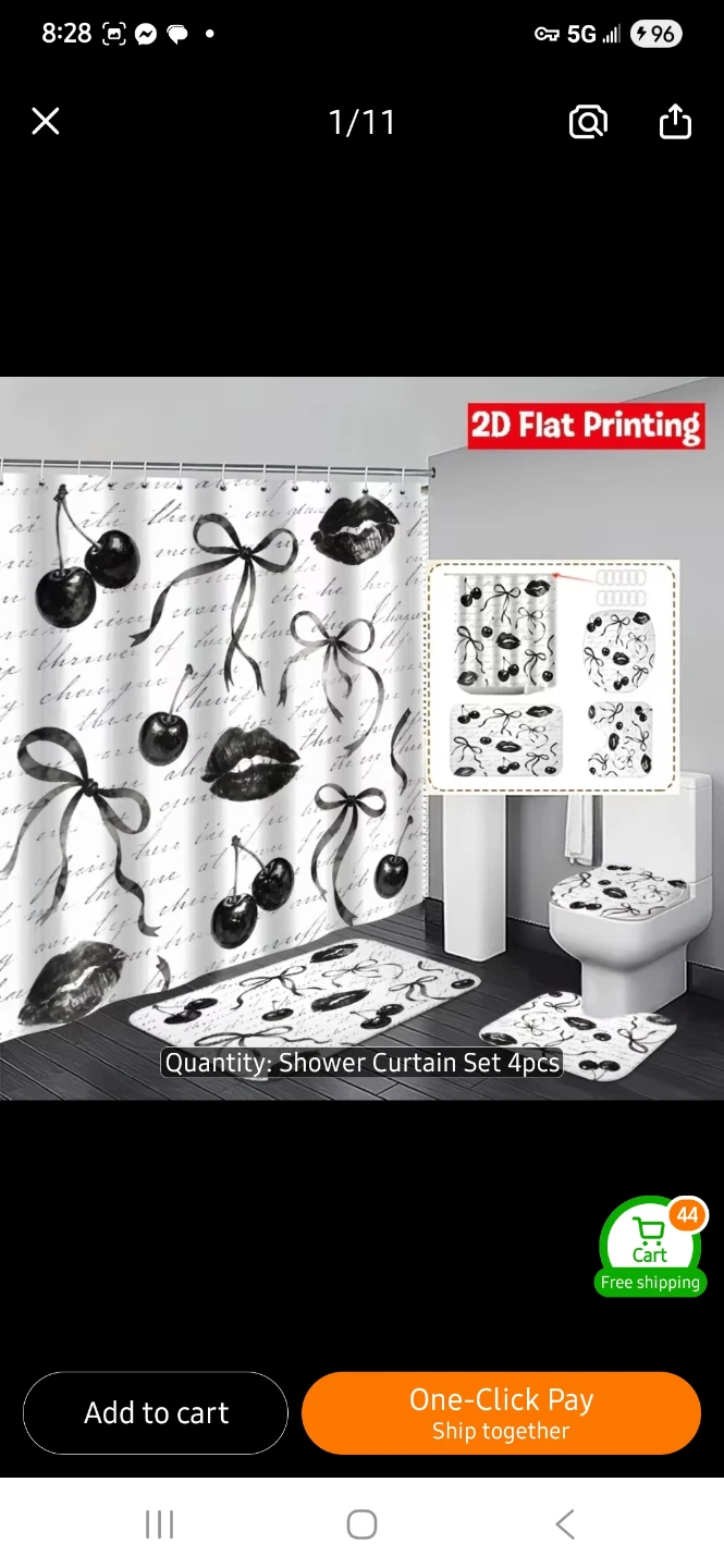 NEW 4pc Bathroom Shower Curtain Set with Cherry and Lip Print 💋