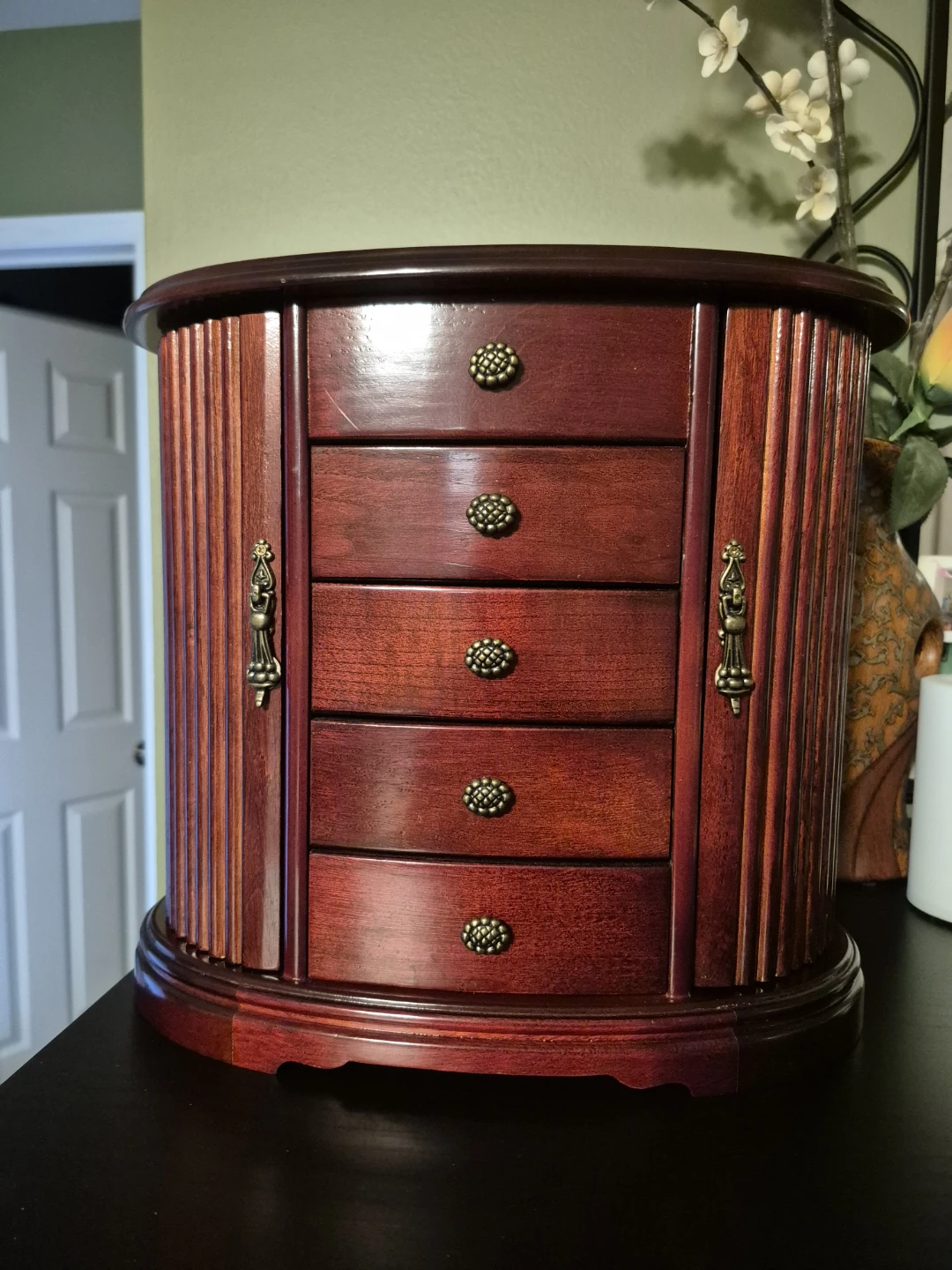 Wooden Music Jewelry Box with 4 Drawers, top drawer is fake