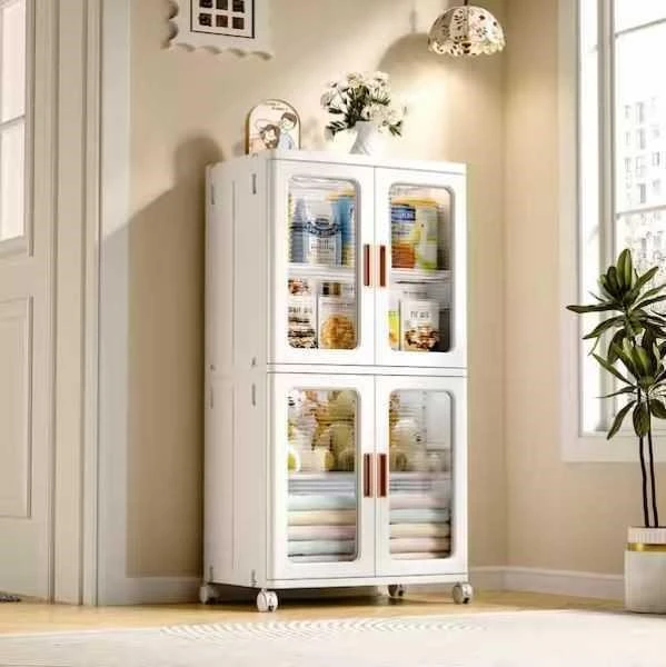 White Folding Cabinet with Wheels(2-Layer Stackable)