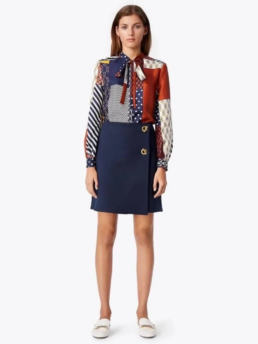 Tory  burch Patchwork Print Silk Blouse with Tie Neck - photo 3