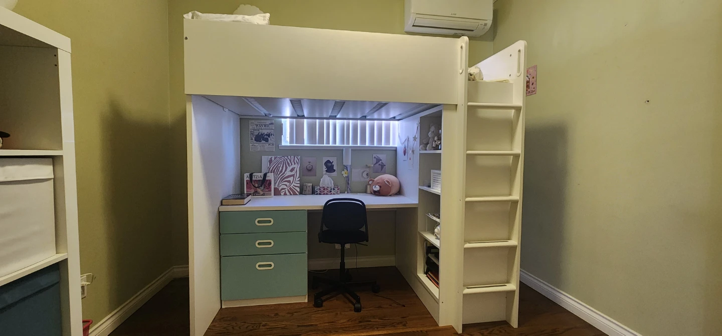 Twin Loft bed white/blue with table and drawers.