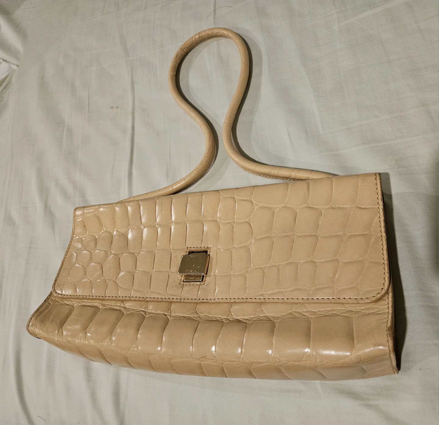Furla Beige Crocodile-Embossed Shoulder Bag