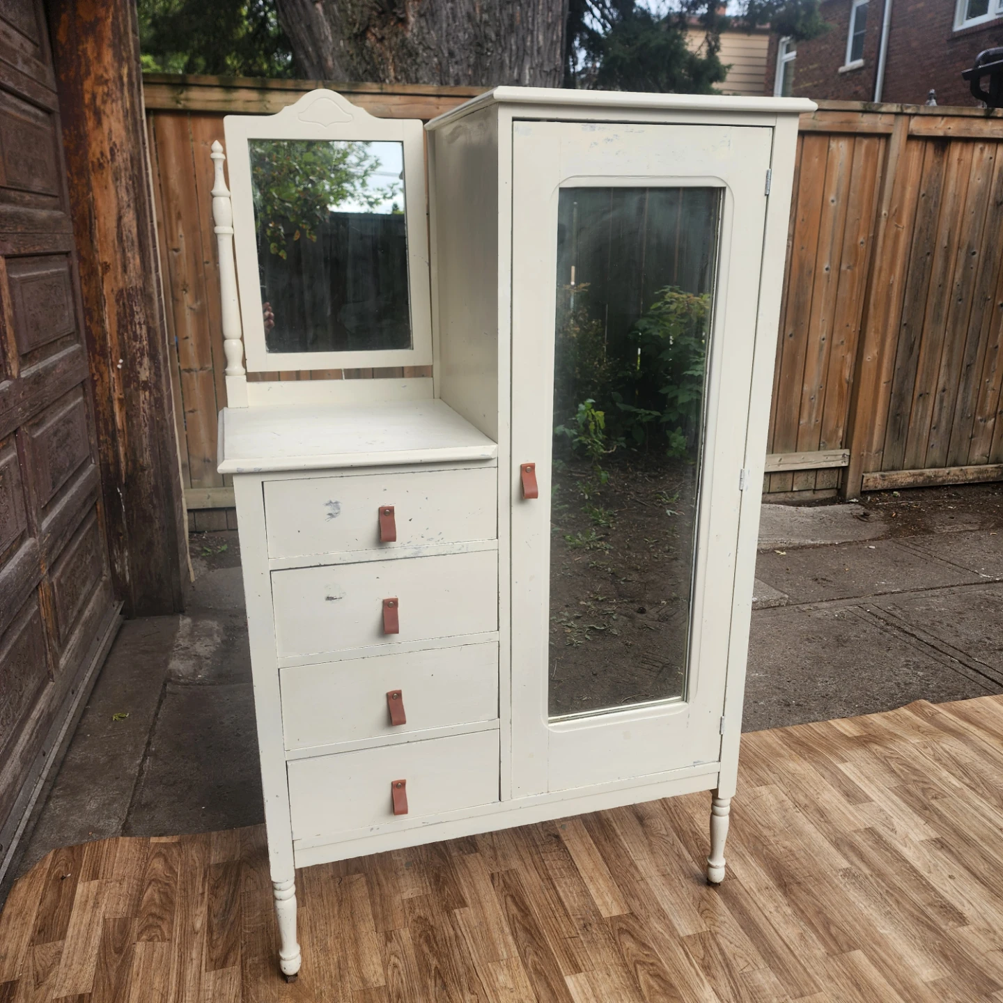 Vintage Cream Wardrobe with Mirror and Drawers