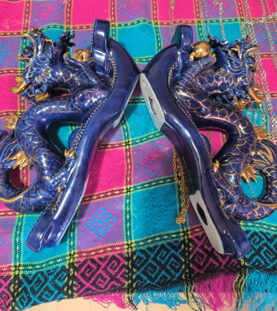 Chinese Dragons Set, ceramic blue & gold