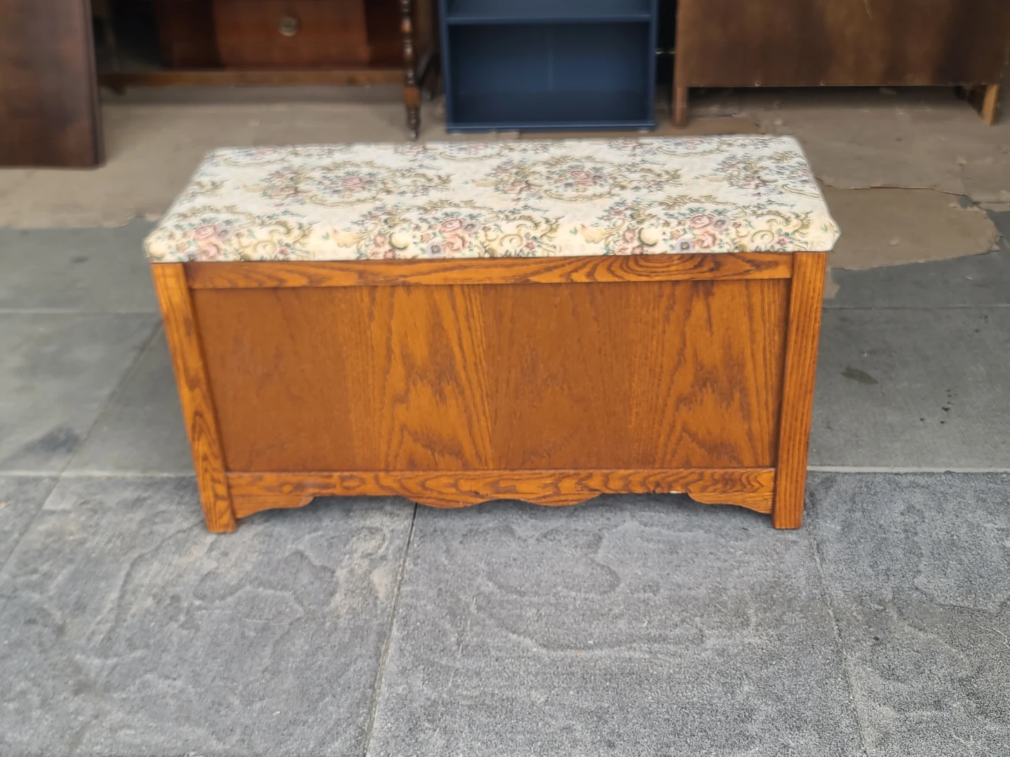 Oak Storage Bench with Floral Upholstered Seat