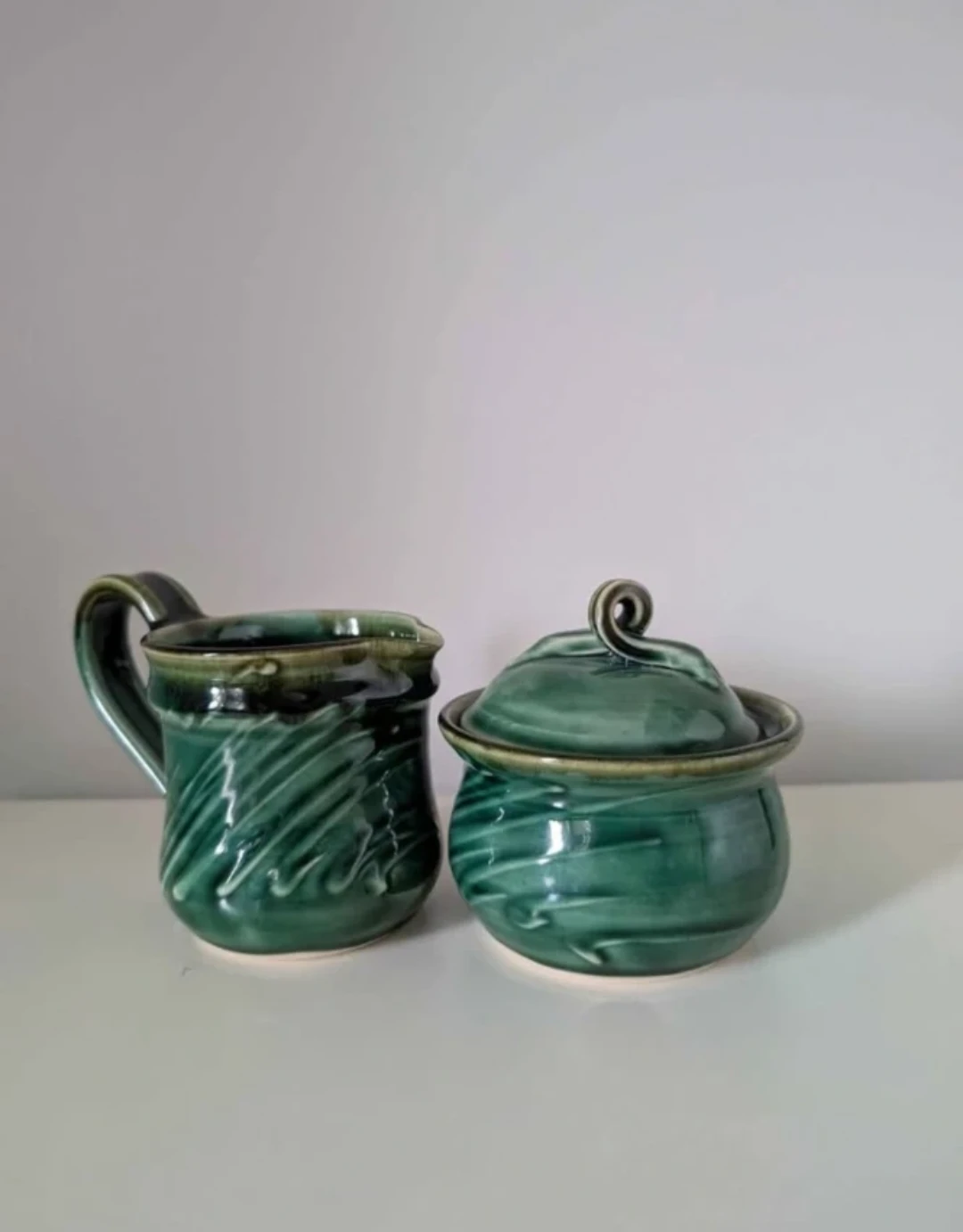 Handmade Green Ceramic Sugar Bowl and Creamer Set 🏈 - photo 4