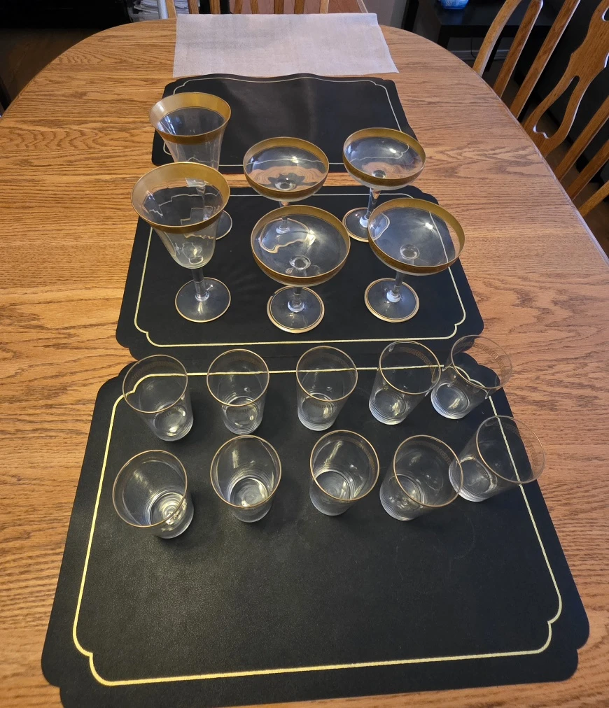 MCM Gold Rim Glassware Collection - 16pc Greek Key & Floral Set