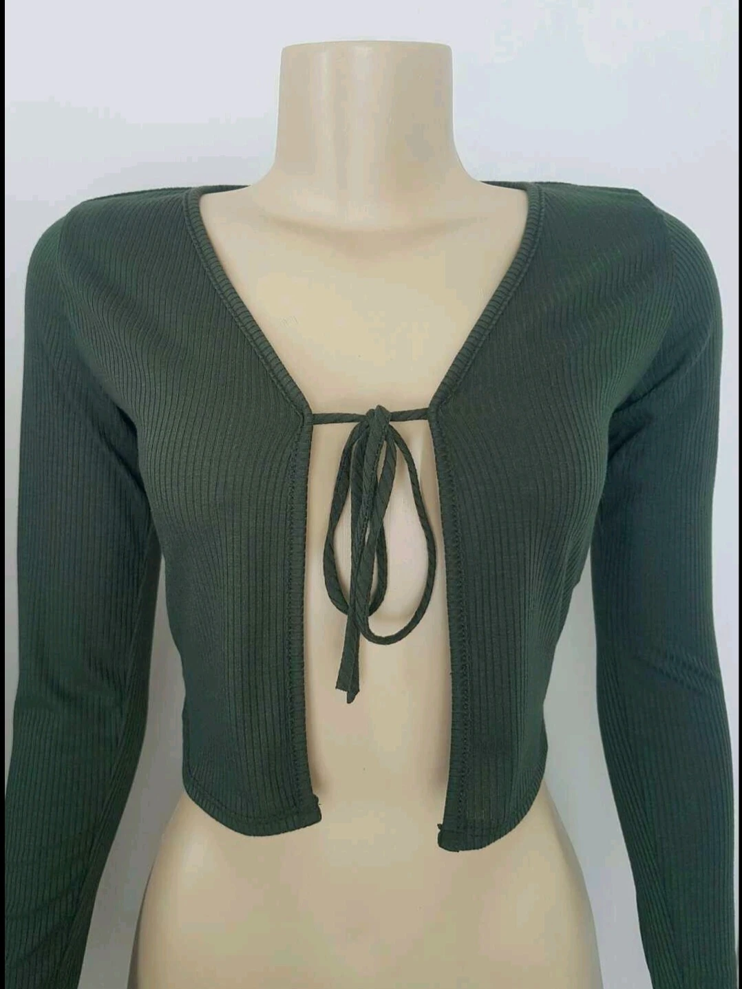 New Olive Green Long Sleeve Front Tie Crop Top
