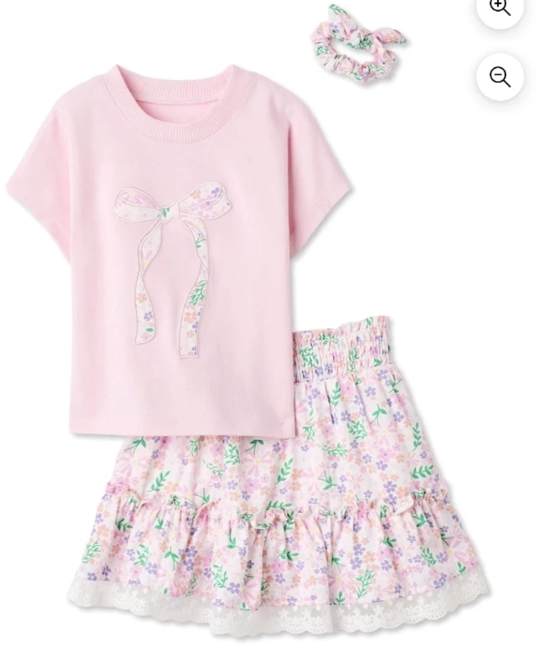 🏈Girls Pink Bow T-Shirt and Floral Skirt Set