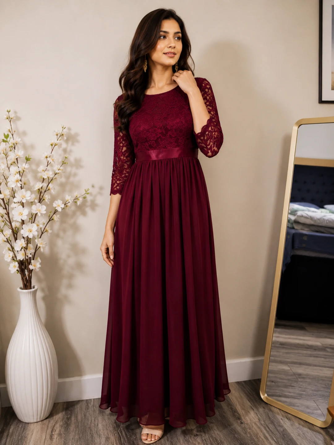 Shien Ever-Pretty Burgundy Lace Maxi Dress