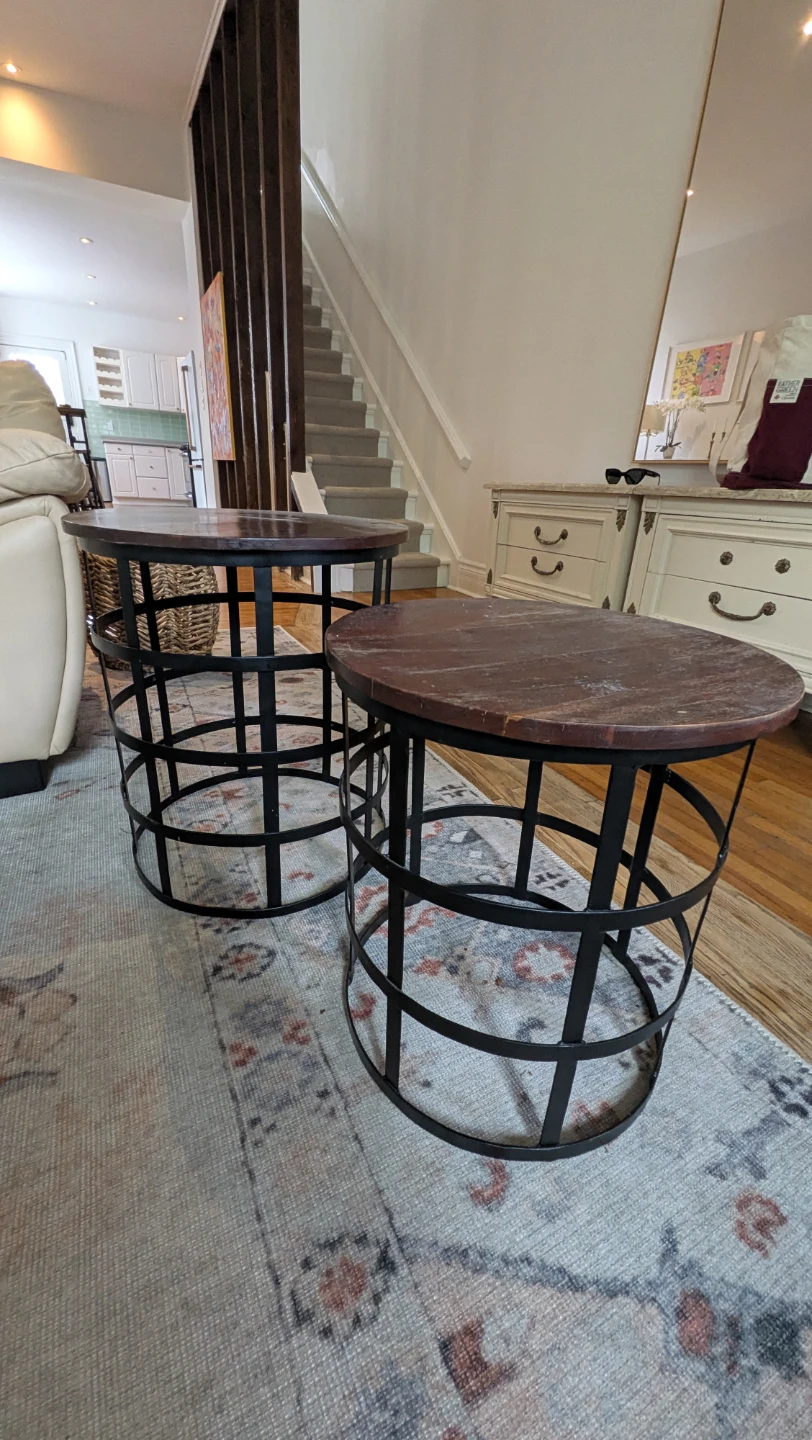 Set of Two Industrial Metal and Wood Side Tables