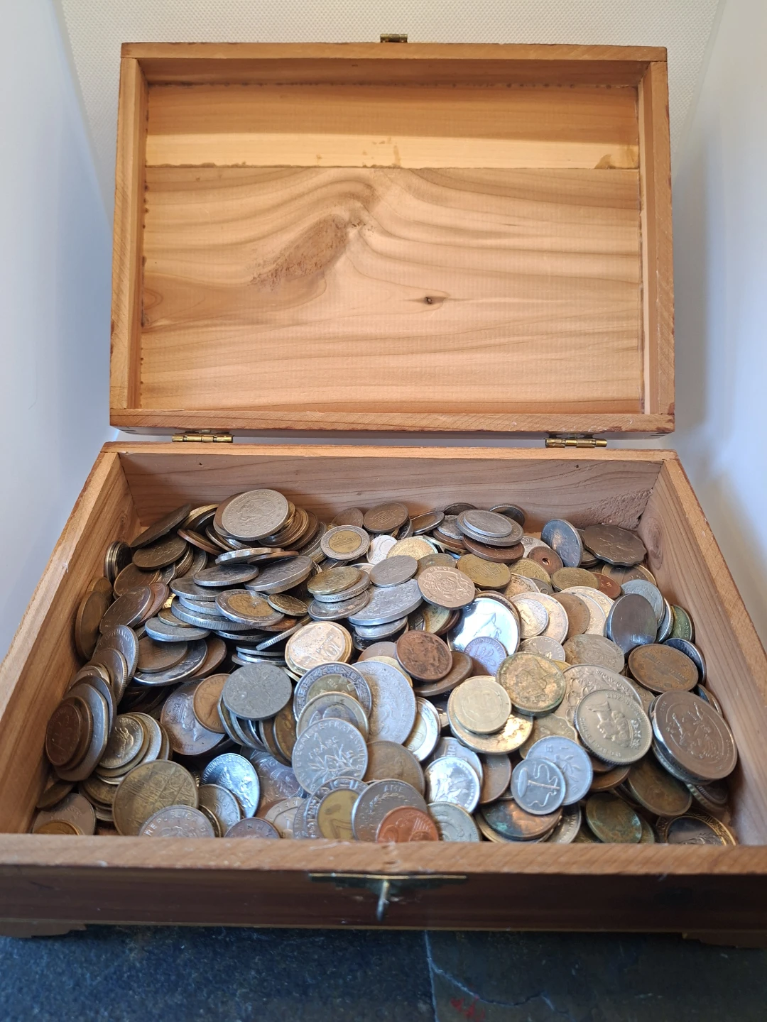 Vintage Wooden Treasure Box Filled with World Coins Lot