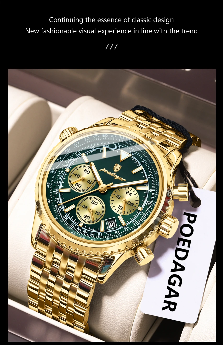 Poedagar Gold Tone Green Dial Chronograph Watch - photo 3