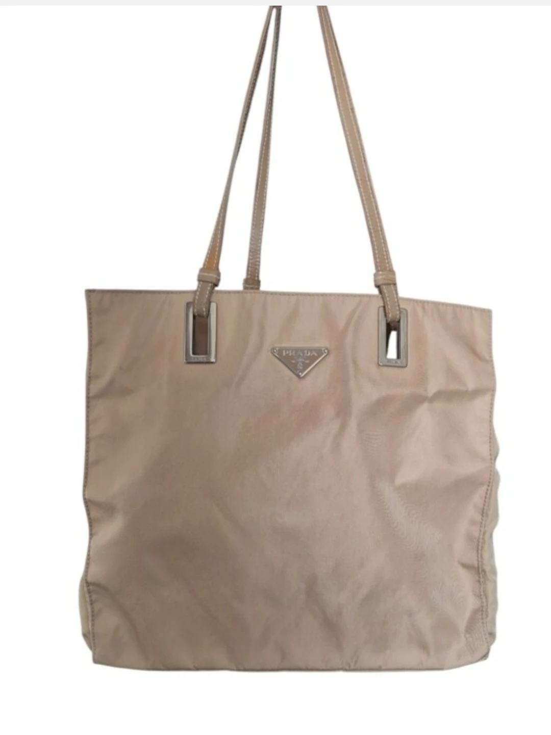 Prada Beige Nylon Leather Strap Tote Bag