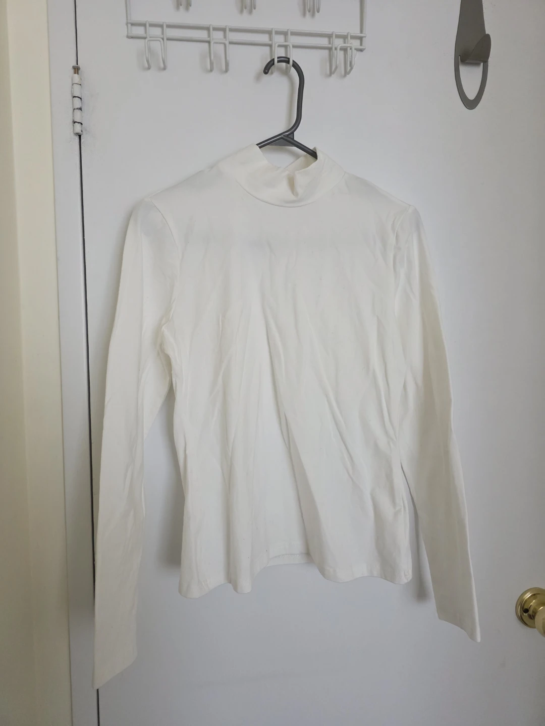New White Cotton Mock Neck Long Sleeve Top