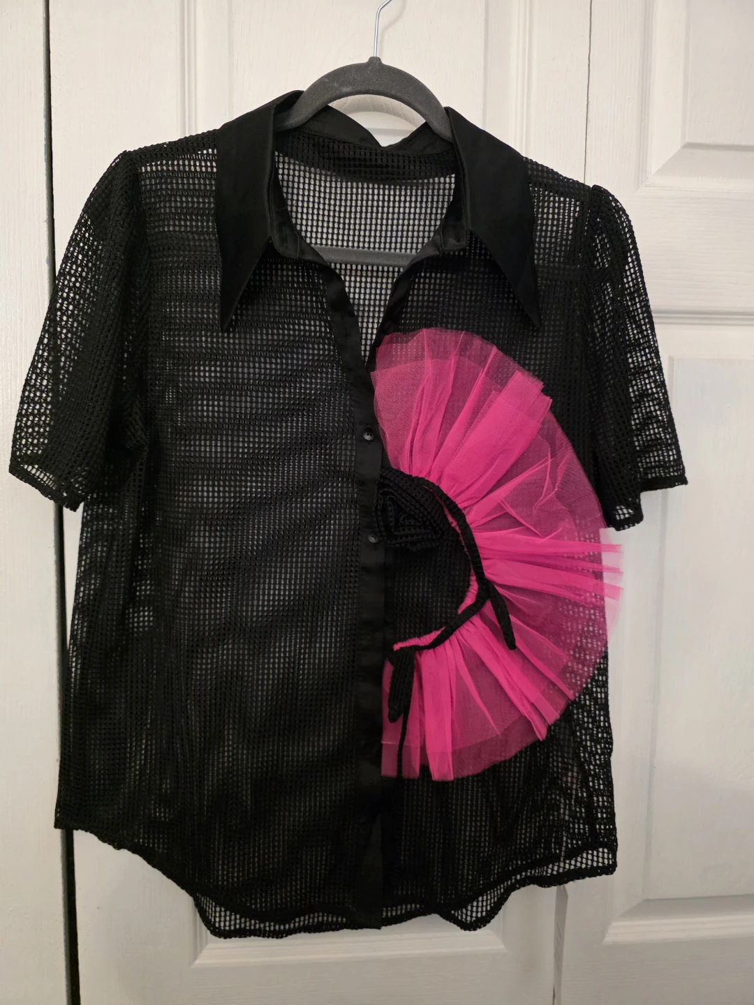 La'Ros Black Mesh Top with Pink Tulle Detail