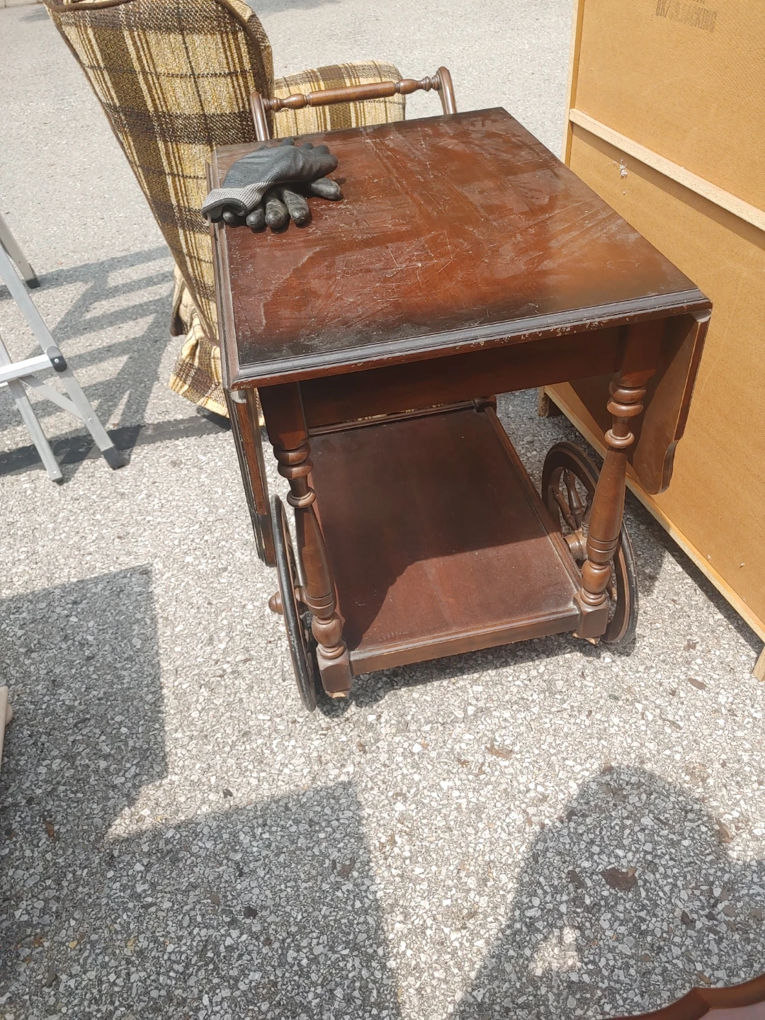 Vintage Wooden Side Table with Drawers and Wheels