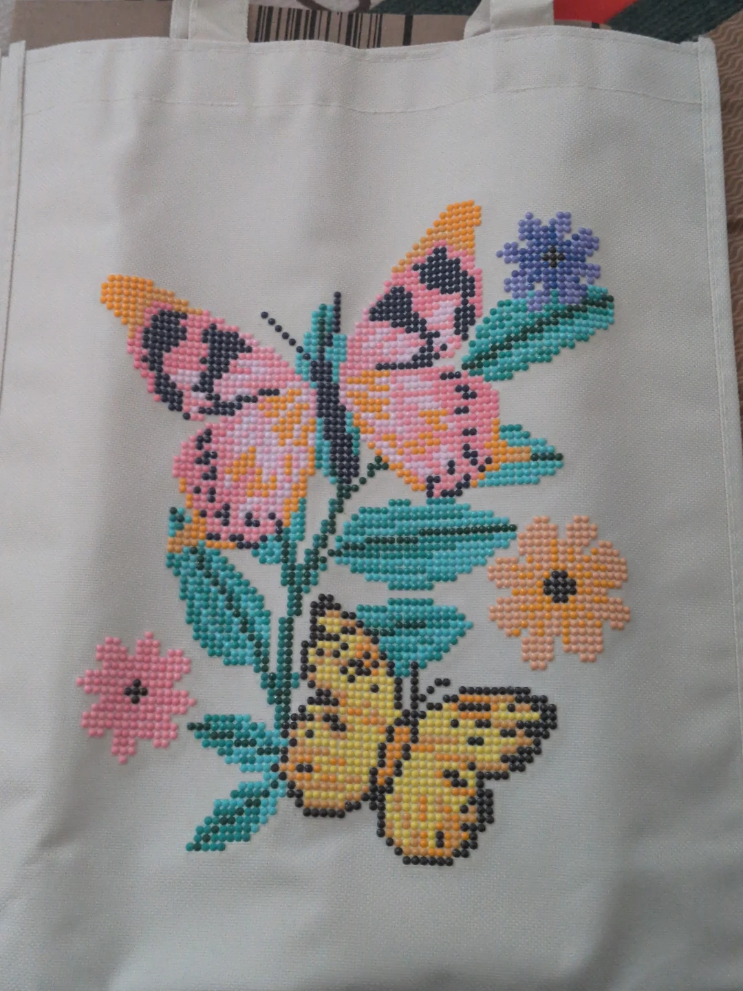 Cross-stitch tote bag with butterflies