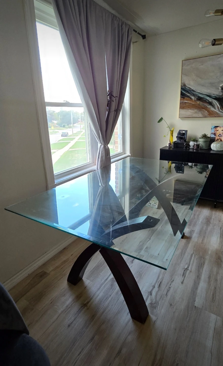 Glass Dining Table with Dark Wood Cross Base - photo 2