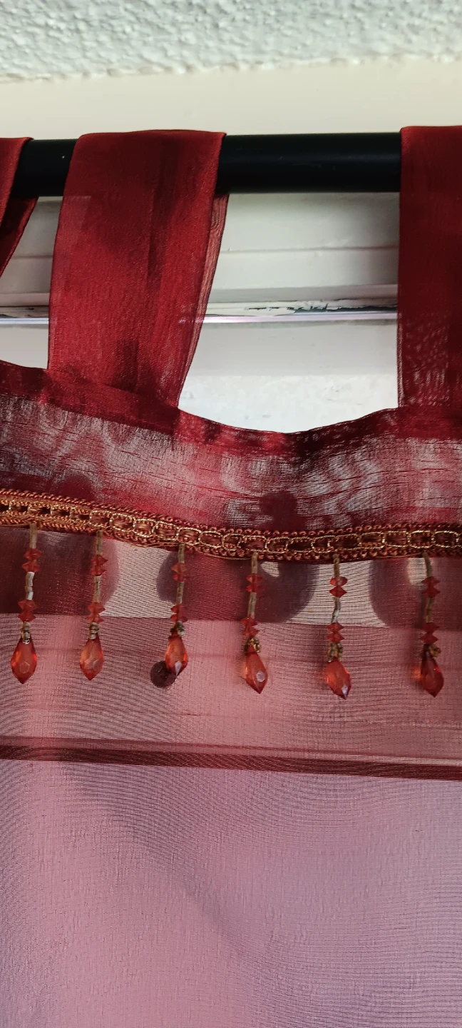 Decorative Red Sheer Curtain with Beaded Trim - photo 3