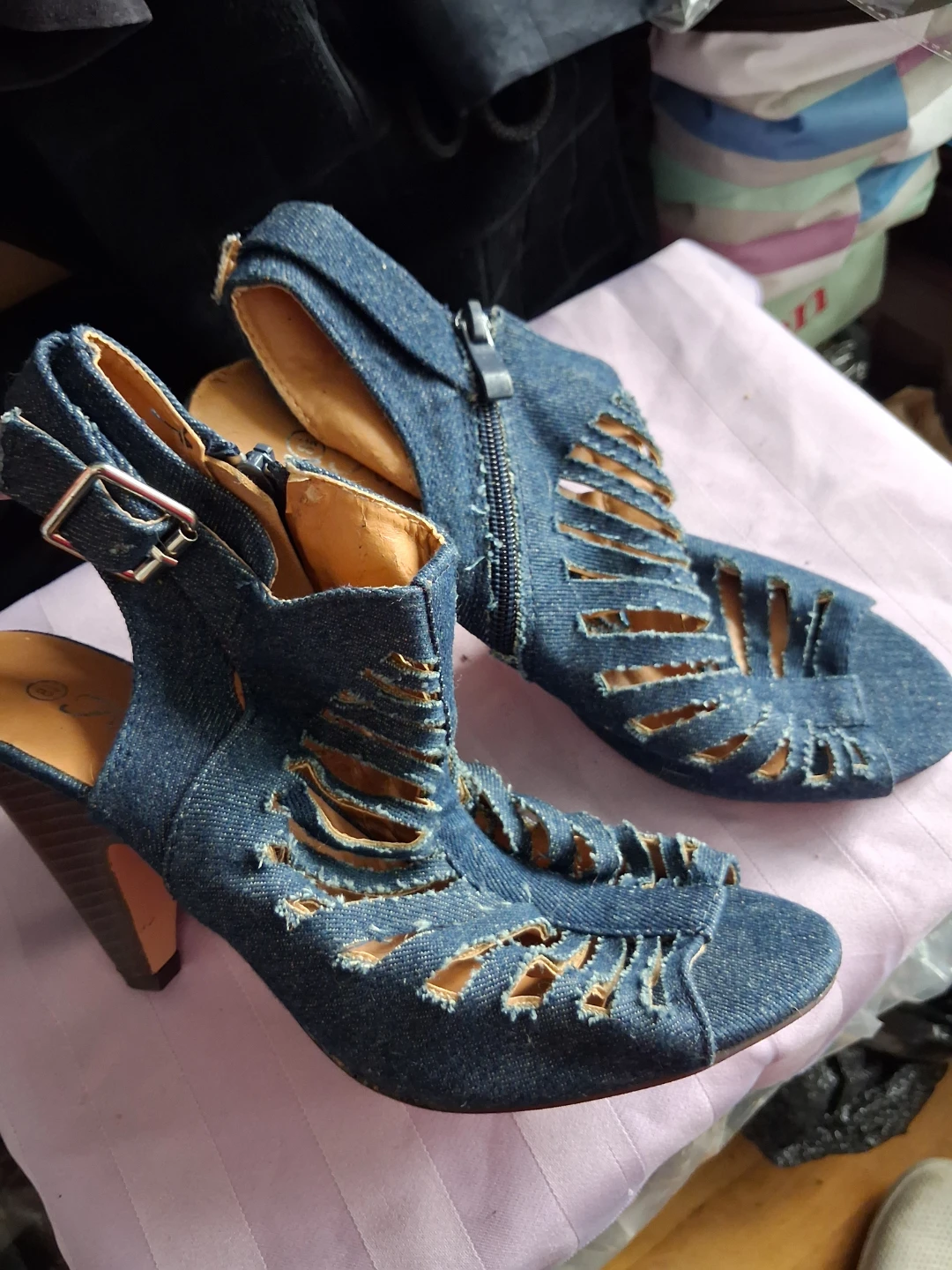 Denim Cut-Out Heeled Sandals - photo 4
