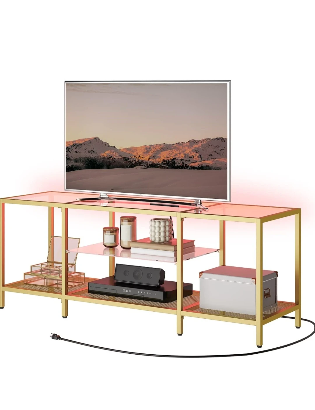 Gold Glass TV stand Table with Charging Station