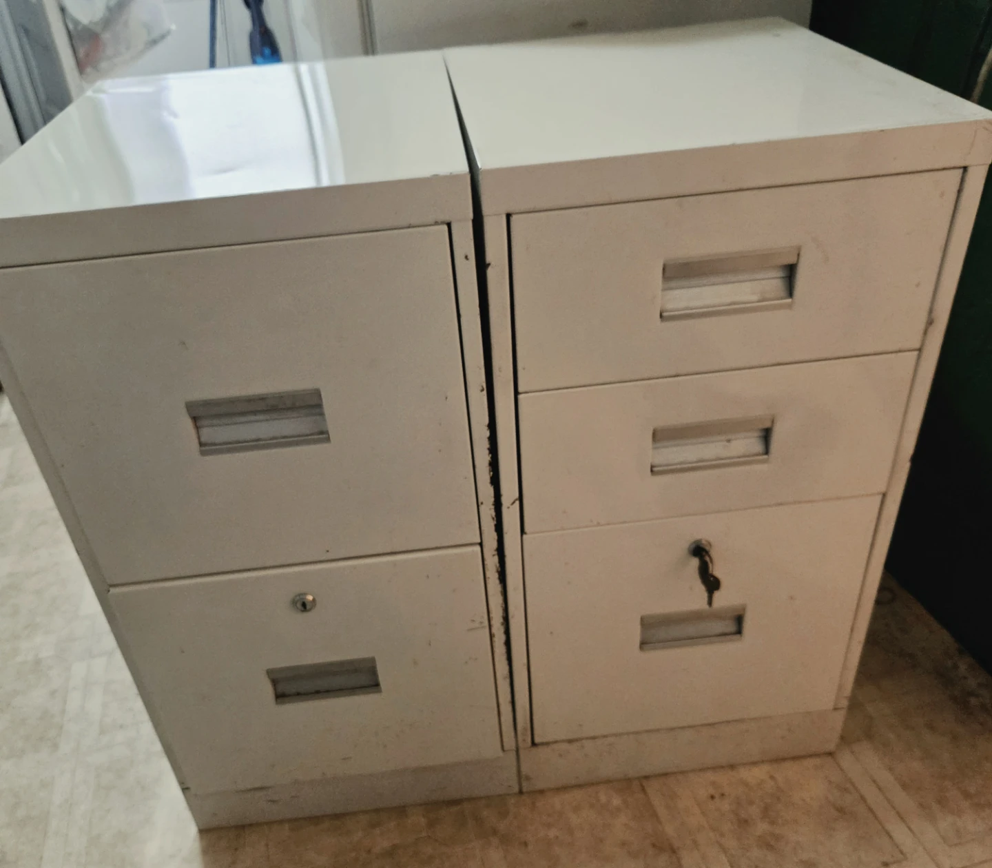 Set of 2 White Metal Filing Cabinets
