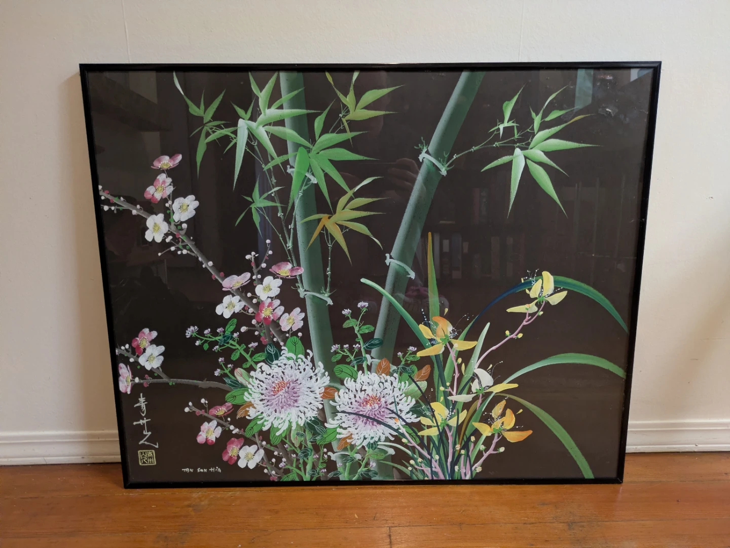 Tan San Hia Floral Print in Custom Black Frame