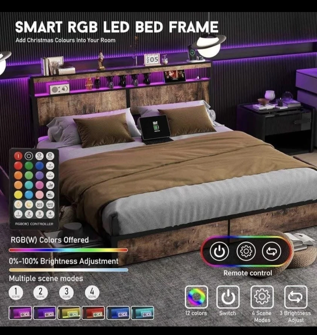 Smart RGB LED King Size Bed Frame with Storage - photo 3