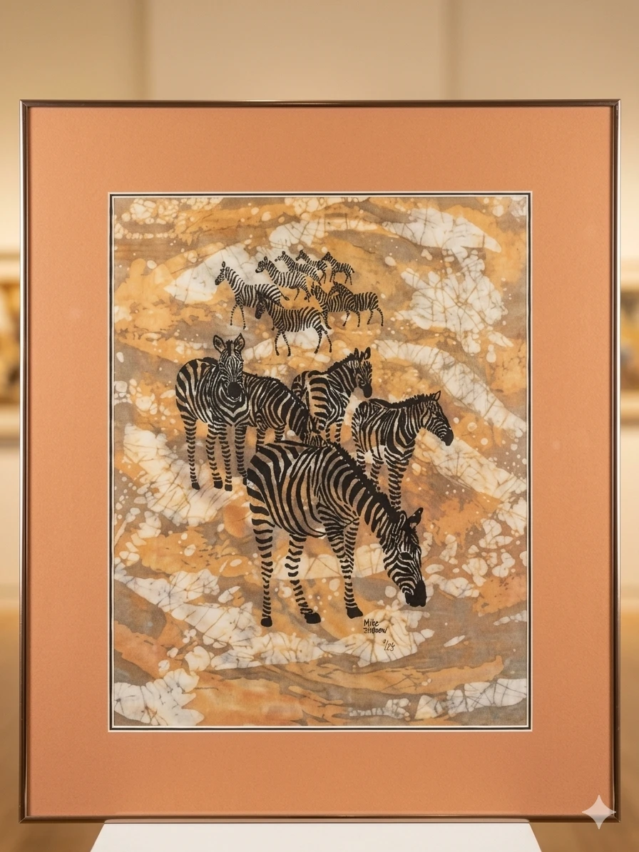 Vintage African Wildlife Silk Batik Print – "Zebra Herd"