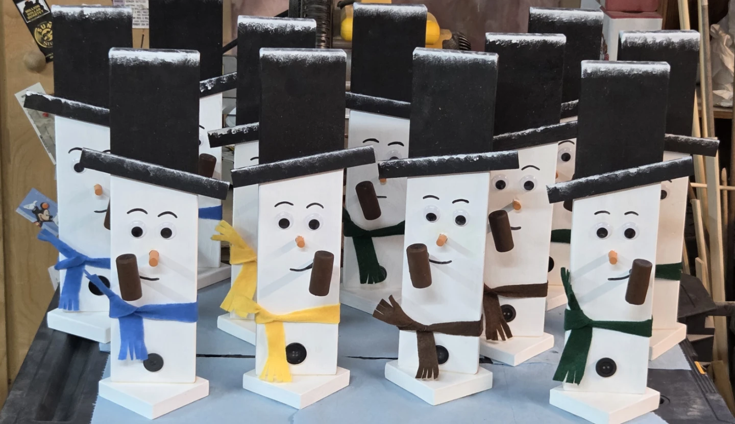 Handcrafted wooden snowmen