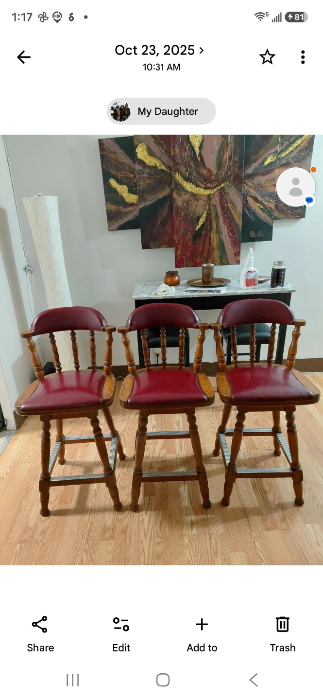 Set of 3 Wooden Bar Stools with Red Seats