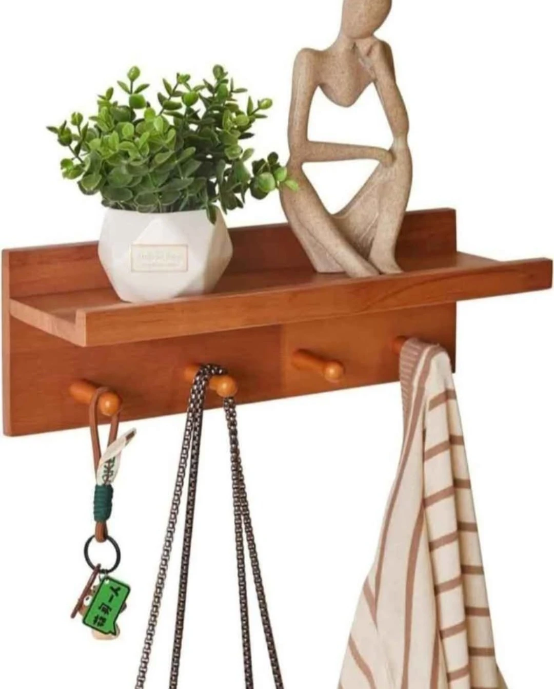 Wooden Wall Shelf with Hooks