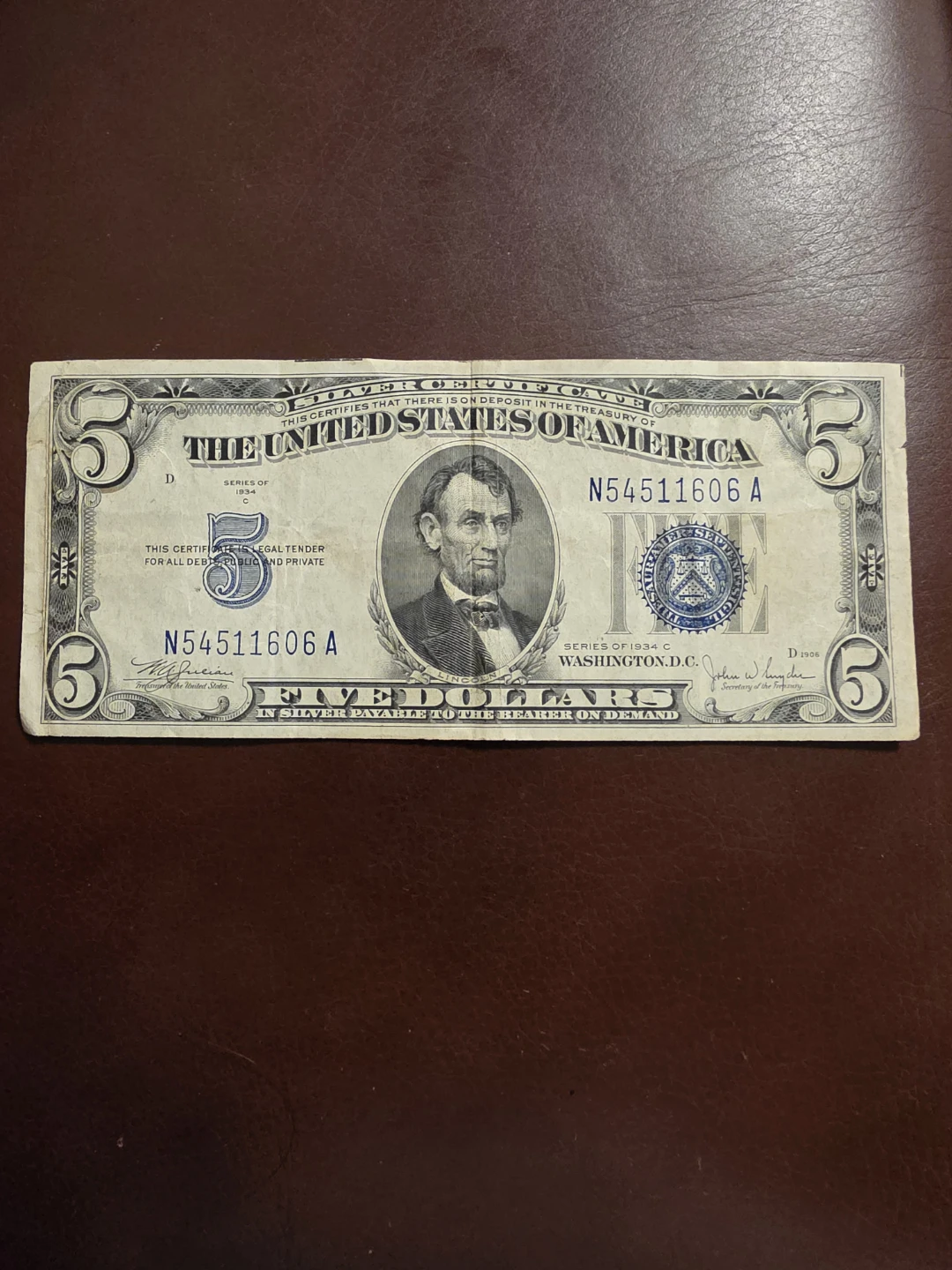 Vintage 1934 C Five Dollar Silver Certificate