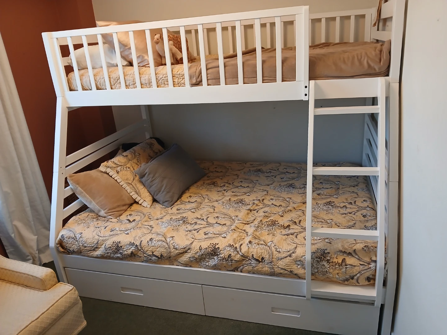 White bunk bed with storage drawers