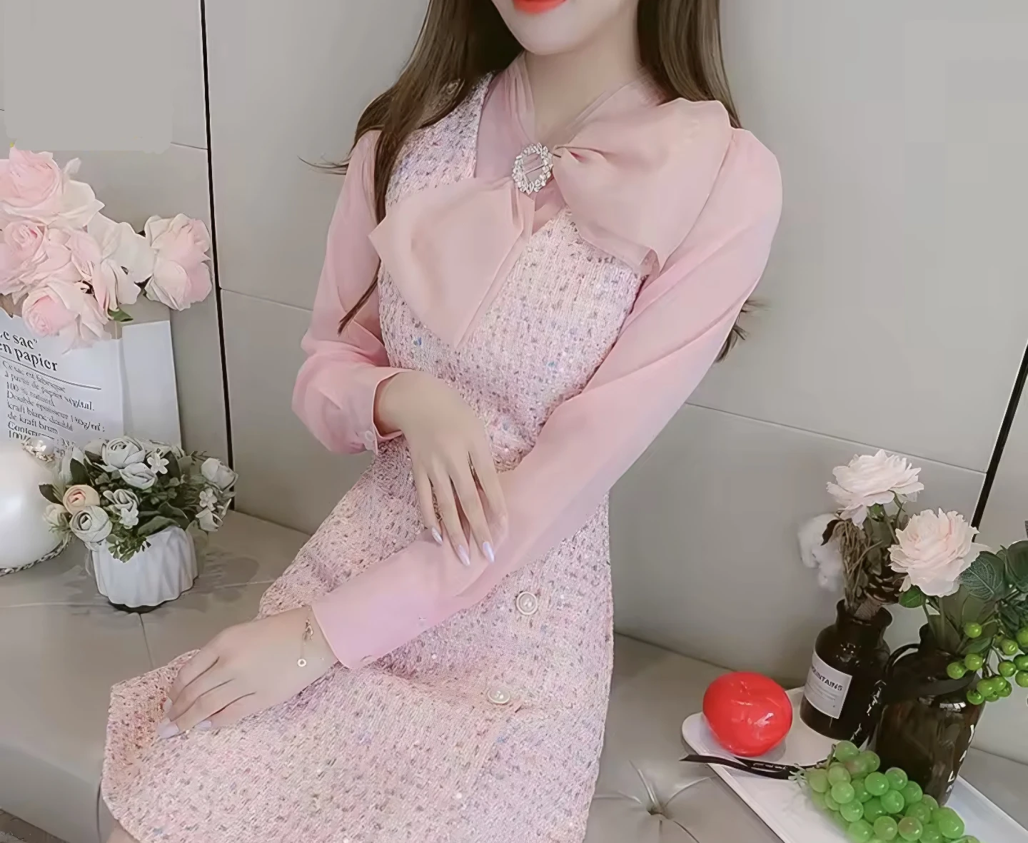 Pink Tweed Dress with Bow Detail - photo 3