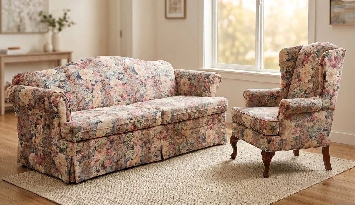 Vintage Floral 3-Seater Sofa / Couch and Matching Armchair Set.
