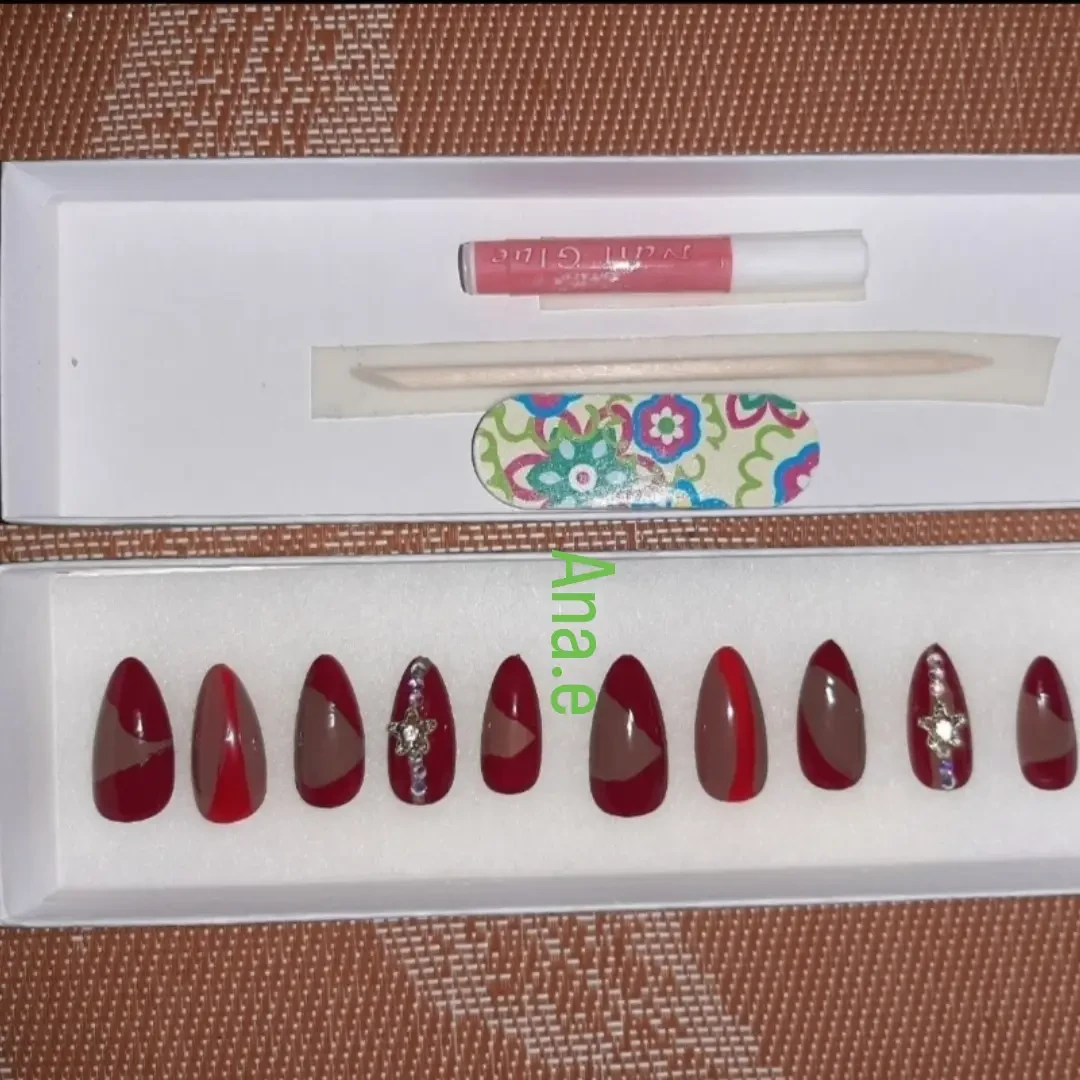 Red and Brown Press-on Nails with Rhinestone Accents